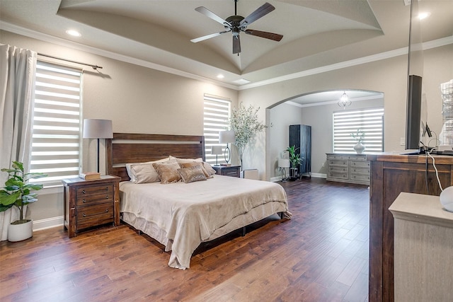3201 Steamers Ct, Granbury, TX 76049 - bedroom with multiple windows, arched walkways, dark wood finished floors, baseboards, and recessed lighting
