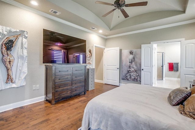 3201 Steamers Ct, Granbury, TX 76049 - bedroom with lofted ceiling, wood finished floors, ornamental molding, baseboards, and recessed lighting