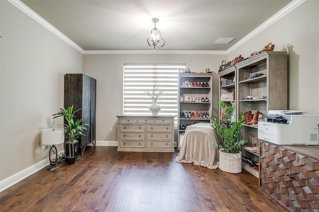 3201 Steamers Ct, Granbury, TX 76049 - office with dark wood-type flooring, a textured ceiling, ornamental molding, and baseboards