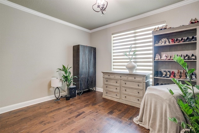 3201 Steamers Ct, Granbury, TX 76049 - bedroom with crown molding, dark wood finished floors, and baseboards