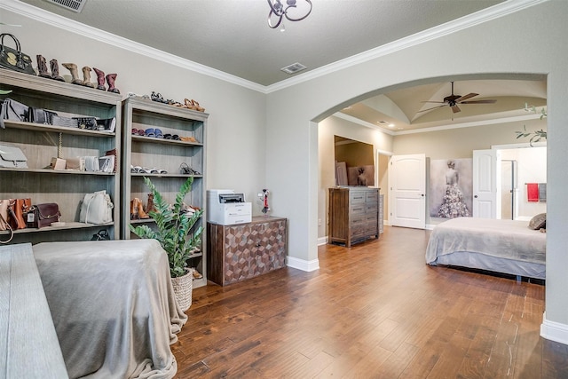 3201 Steamers Ct, Granbury, TX 76049 - bedroom with arched walkways, wood finished floors, ornamental molding, and baseboards