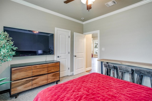 3201 Steamers Ct, Granbury, TX 76049 - carpeted bedroom with ornamental molding, baseboards, and a ceiling fan