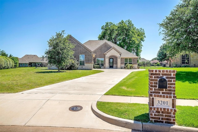 3201 Steamers Ct, Granbury, TX 76049 - french country inspired facade with driveway, brick siding, and a front yard