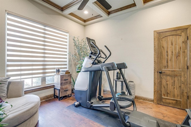 3201 Steamers Ct, Granbury, TX 76049 - workout area featuring hardwood / wood-style floors, coffered ceiling, ceiling fan, and baseboards