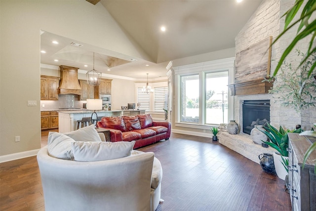 3201 Steamers Ct, Granbury, TX 76049 - living area featuring a chandelier, a stone fireplace, baseboards, dark wood-style flooring, and high vaulted ceiling