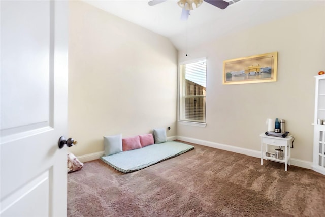 2901 NE Regents Park Ln, Garland, TX 75043 - carpeted bedroom featuring vaulted ceiling, baseboards, and ceiling fan