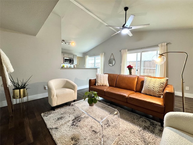 6014 Mcafee Dr, The Colony, TX 75056 - living area featuring dark wood-type flooring, lofted ceiling, plenty of natural light, and baseboards