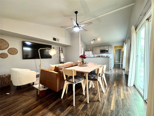 6014 Mcafee Dr, The Colony, TX 75056 - dining space featuring lofted ceiling, dark wood-style flooring, and ceiling fan