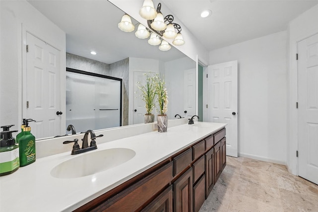 685 Cardinal Ridge Rd, Burleson, TX 76028 - full bathroom with double vanity, a shower stall, baseboards, and recessed lighting