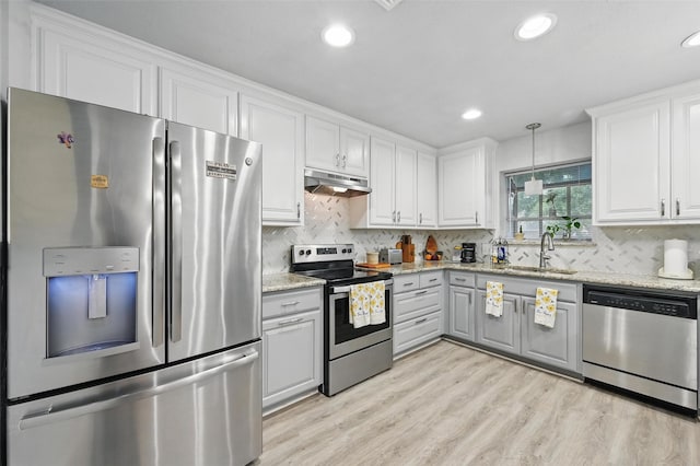 685 Cardinal Ridge Rd, Burleson, TX 76028 - kitchen with stainless steel appliances, a sink, under cabinet range hood, white cabinetry, and backsplash