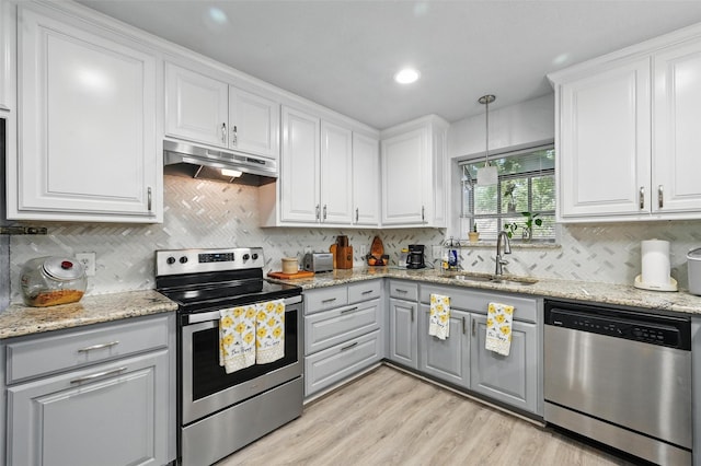 685 Cardinal Ridge Rd, Burleson, TX 76028 - kitchen with stainless steel appliances, a sink, under cabinet range hood, light wood-style flooring, and backsplash