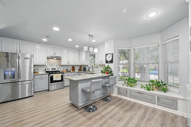 685 Cardinal Ridge Rd, Burleson, TX 76028 - kitchen with appliances with stainless steel finishes, a peninsula, under cabinet range hood, white cabinetry, and light wood-type flooring