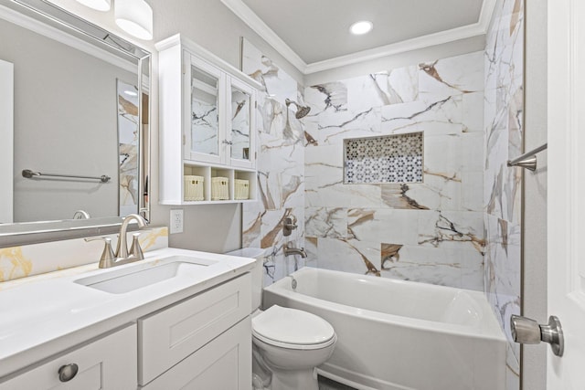 611 S Magnolia St, Pottsboro, TX 75076 - full bath featuring ornamental molding, vanity, shower / bathtub combination, toilet, and recessed lighting