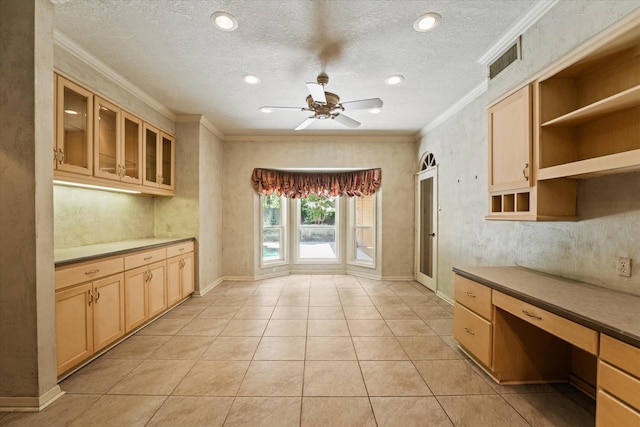 29 Timbergreen Cir, Denton, TX 76205 - kitchen featuring ornamental molding, a ceiling fan, light brown cabinets, glass insert cabinets, and light tile patterned floors