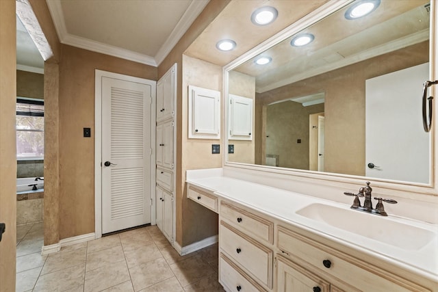 29 Timbergreen Cir, Denton, TX 76205 - full bath with ornamental molding, vanity, baseboards, tile patterned floors, and tiled tub