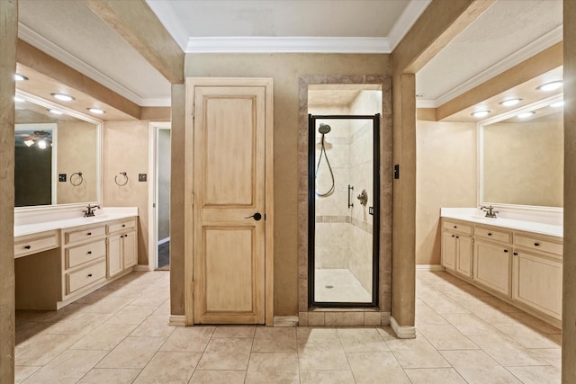 29 Timbergreen Cir, Denton, TX 76205 - full bathroom with a stall shower, two vanities, crown molding, and tile patterned floors