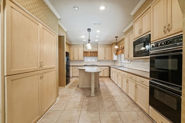 29 Timbergreen Cir, Denton, TX 76205 - kitchen with light brown cabinets, black appliances, crown molding, backsplash, and light tile patterned flooring