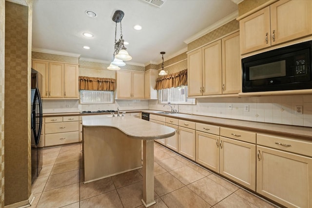 29 Timbergreen Cir, Denton, TX 76205 - kitchen with light brown cabinets, black appliances, a sink, ornamental molding, and light countertops