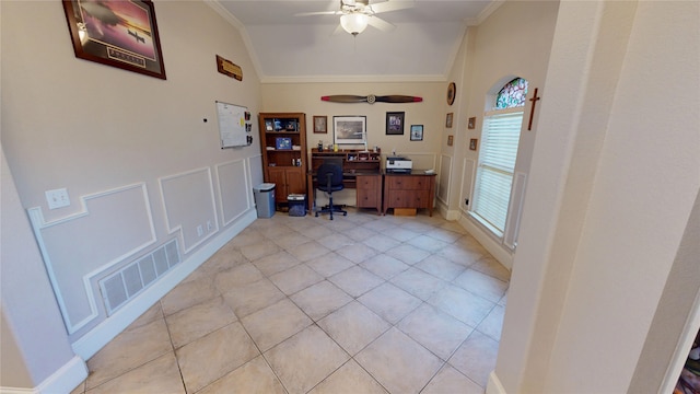 2916 Wilsonwood Way S, Sherman, TX 75092 - office featuring a ceiling fan, crown molding, lofted ceiling, a decorative wall, and light tile patterned floors