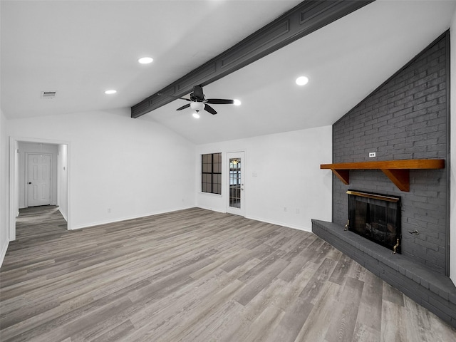 2219 N Lake Trl, Denton, TX 76201 - unfurnished living room with ceiling fan, baseboards, wood finished floors, a brick fireplace, and recessed lighting