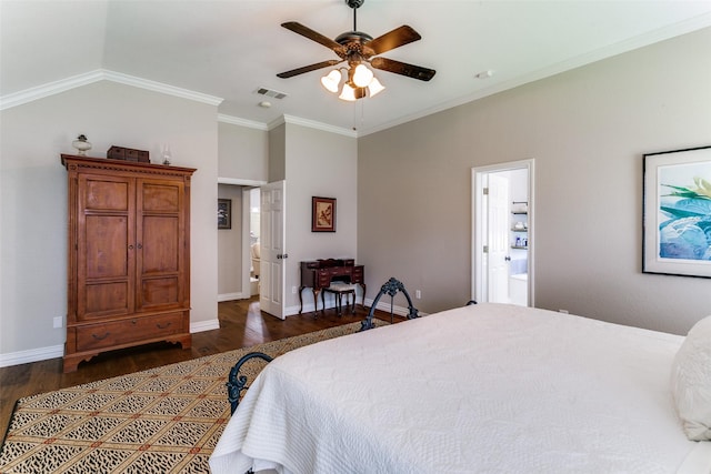 601 Natchez Ct, Hurst, TX 76054 - bedroom with dark wood-type flooring, ornamental molding, ensuite bathroom, baseboards, and ceiling fan