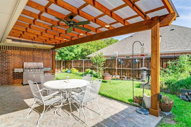 601 Natchez Ct, Hurst, TX 76054 - view of patio with ceiling fan, outdoor dining space, and area for grilling