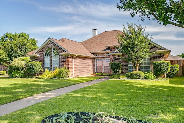 601 Natchez Ct, Hurst, TX 76054 - view of front of home featuring brick siding, a front yard, roof with shingles, and a chimney