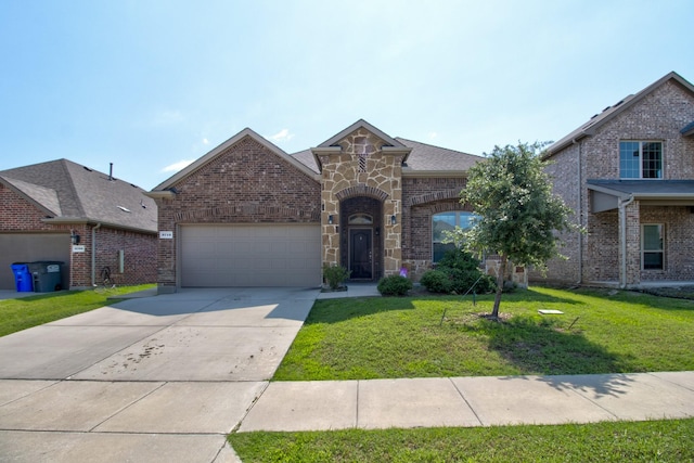 3713 Blessington Dr, Frisco, TX 75036 - french country style house with a garage, a front lawn, concrete driveway, and brick siding