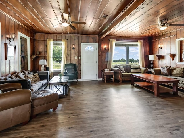 1501 N Business 45, Corsicana, TX 75110 - living area with a ceiling fan, wood ceiling, wood walls, plenty of natural light, and dark wood-type flooring