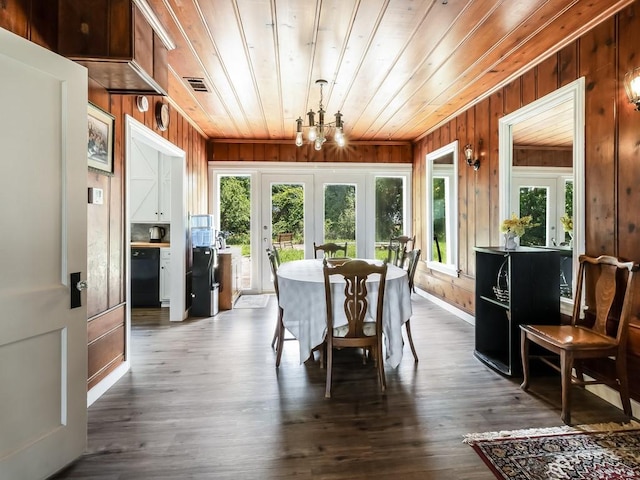 1501 N Business 45, Corsicana, TX 75110 - dining room featuring a chandelier, wooden walls, wood ceiling, dark wood-style floors, and french doors