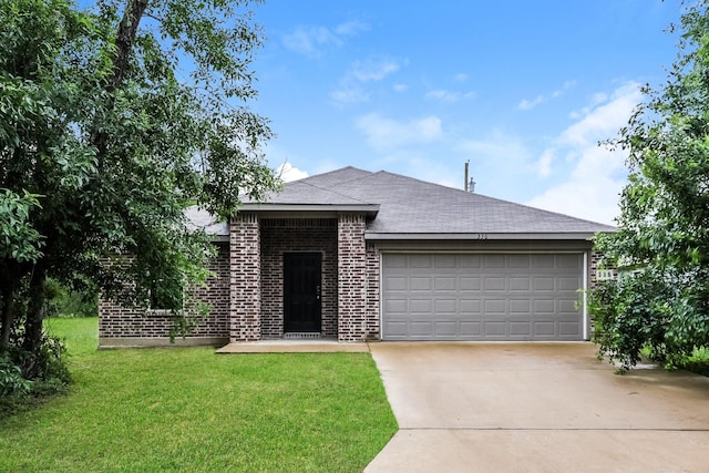 336 Bounding Main St, Gun Barrel City, TX 75156 - ranch-style home featuring brick siding, an attached garage, a front lawn, driveway, and roof with shingles