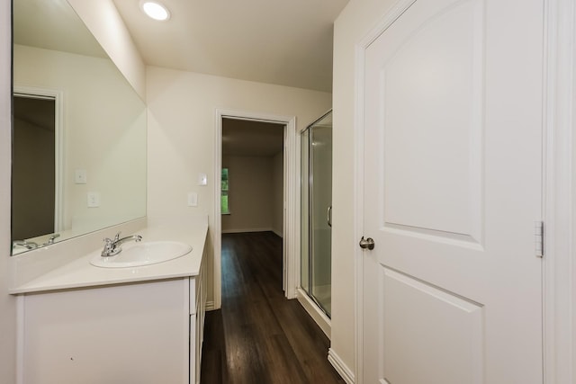 336 Bounding Main St, Gun Barrel City, TX 75156 - bathroom featuring vanity, a stall shower, wood finished floors, and recessed lighting