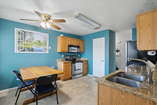 521 Ryan St, Saginaw, TX 76179 - kitchen with stainless steel appliances, a sink, light stone countertops, ceiling fan, and a textured ceiling