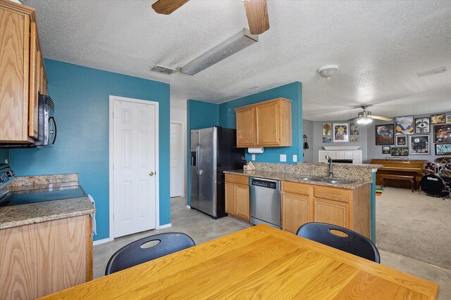 521 Ryan St, Saginaw, TX 76179 - kitchen featuring ceiling fan, appliances with stainless steel finishes, a sink, a peninsula, and a textured ceiling