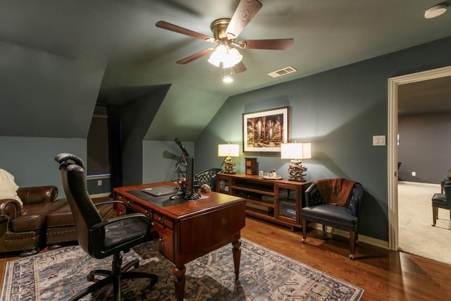 6501 Glenhope Cir S, Colleyville, TX 76034 - office area with ceiling fan, wood finished floors, vaulted ceiling, and baseboards