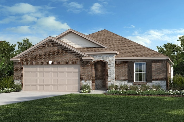 677 Jupe Way, Princeton, TX 75407 - french provincial home featuring brick siding, a garage, a front yard, driveway, and roof with shingles