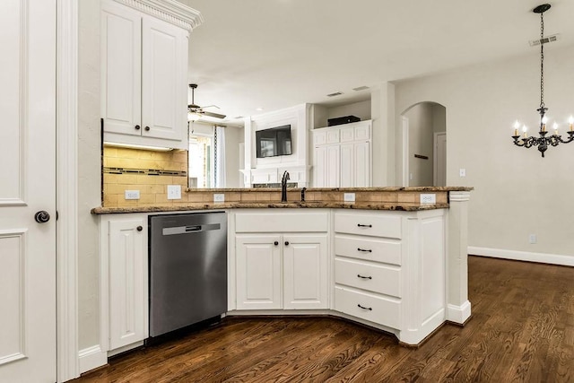 5909 Woodwind Dr, Plano, TX 75093 - kitchen featuring stainless steel dishwasher, a sink, dark wood-style flooring, and a ceiling fan