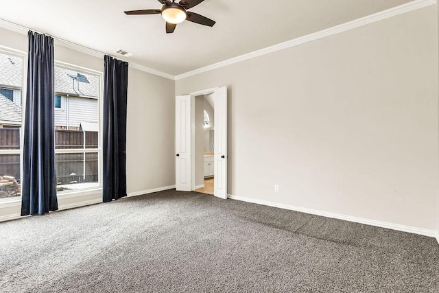 5909 Woodwind Dr, Plano, TX 75093 - empty room with ceiling fan, carpet floors, ornamental molding, and baseboards