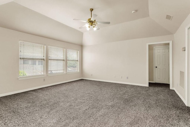 5909 Woodwind Dr, Plano, TX 75093 - empty room with ceiling fan, dark colored carpet, vaulted ceiling, and baseboards