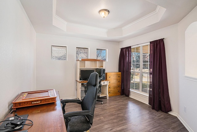 813 Royal Oak Ln, Burleson, TX 76028 - office area with ornamental molding, a raised ceiling, dark wood-style floors, and baseboards