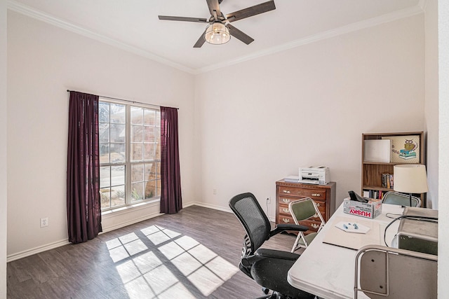 813 Royal Oak Ln, Burleson, TX 76028 - office area featuring wood finished floors, crown molding, baseboards, and ceiling fan