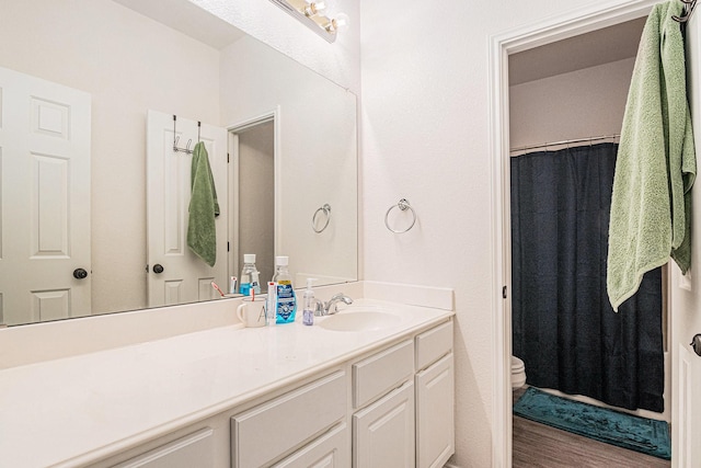 813 Royal Oak Ln, Burleson, TX 76028 - bathroom featuring toilet, vanity, wood finished floors, and a shower with shower curtain