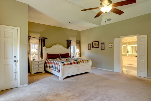 3908 Jamestown Pl, Plano, TX 75023 - carpeted bedroom with baseboards, connected bathroom, a ceiling fan, and lofted ceiling