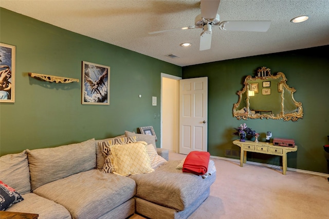 3908 Jamestown Pl, Plano, TX 75023 - living room with carpet, a ceiling fan, recessed lighting, a textured ceiling, and baseboards