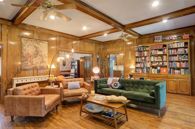 3908 Jamestown Pl, Plano, TX 75023 - living area featuring a ceiling fan, wood walls, light wood-style flooring, beamed ceiling, and coffered ceiling