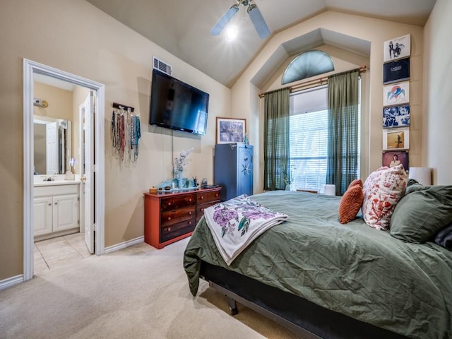 320 Willow Stone St, Denton, TX 76207 - bedroom featuring light colored carpet, lofted ceiling, ensuite bathroom, a ceiling fan, and baseboards