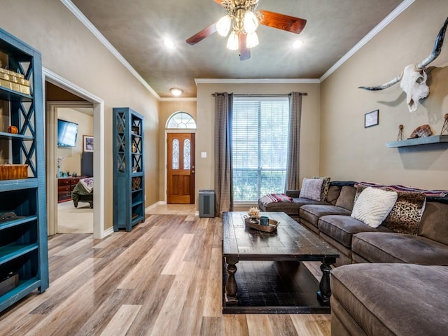 320 Willow Stone St, Denton, TX 76207 - living room with ceiling fan, light wood finished floors, ornamental molding, recessed lighting, and baseboards