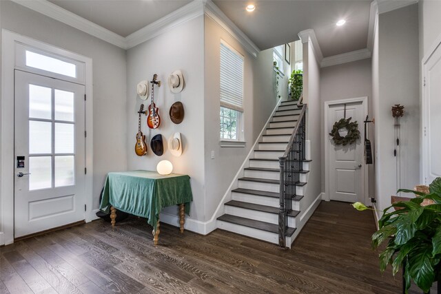 1721 Millsap Ln, Plano, TX 75074 - entryway with dark wood-style floors, stairs, baseboards, crown molding, and recessed lighting