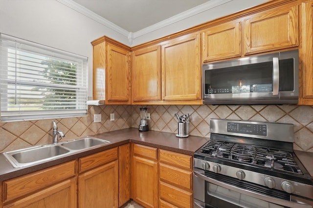 1900 Cassandra Ct, Fort Worth, TX 76131 - kitchen featuring stainless steel appliances, a sink, tasteful backsplash, dark countertops, and ornamental molding