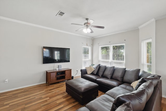 1900 Cassandra Ct, Fort Worth, TX 76131 - living room with ceiling fan, crown molding, wood finished floors, and baseboards
